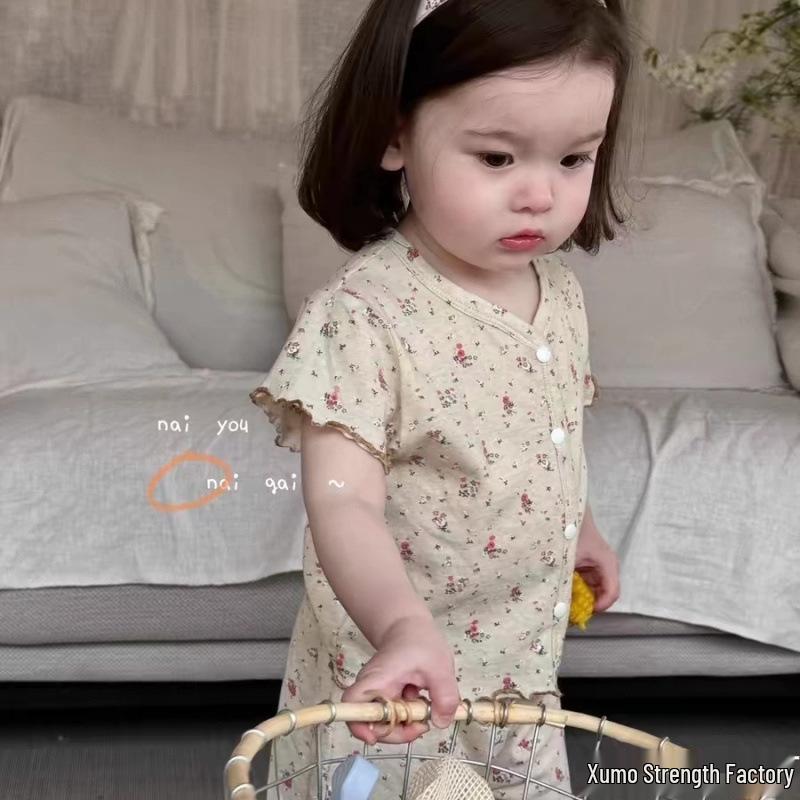 Baby Girls' Creamy Milk Cap Floral Summer Two-Piece Set: Short-Sleeve Top & Pants