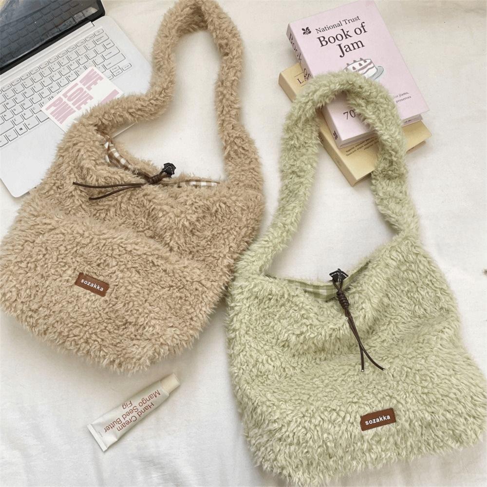 Vintage Lamb Wool Shoulder Bag Harajuku Plush Underarm Bag Vintage Fluffy Tote Bag  Women