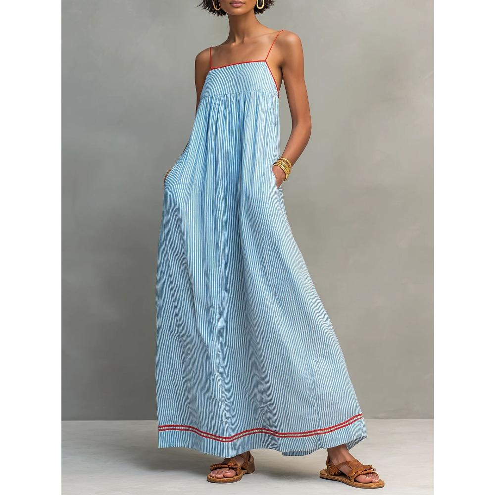 Women s Striped Spaghetti Strap Maxi Dress Loose Casual Sleeveless Long Dress with Pockets S
