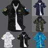 Military Men Letter Embroidery Patch Pocket Slim Button Down Short Sleeve Shirt