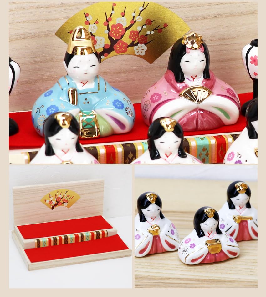 Osaka Choseido Original Compact Mini Hina Doll with Nameplate and Wooden Tag Ceramic Flower Pattern (Sent Separately)