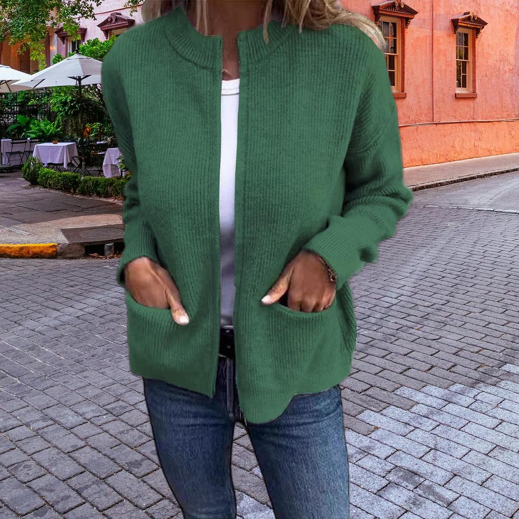 Women's Fashionable Solid Color Long Sleeved Stand Up Collar Zipper Loose Pocket Jacket Casual Jacket