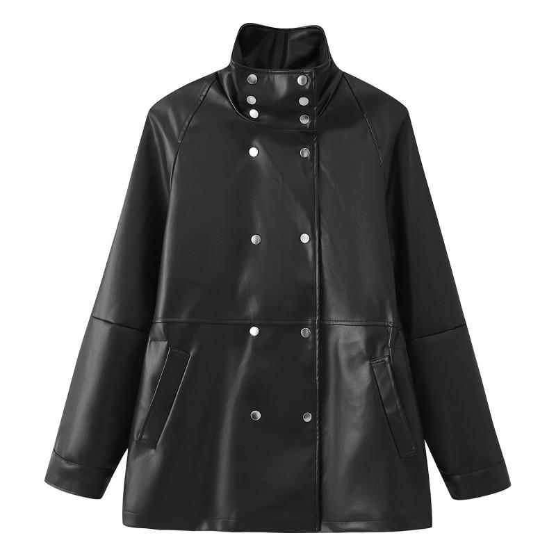 Womens Fashion Casual PU Jacket Stand Collar Double Breasted Slim Fit Street Style Outerwear