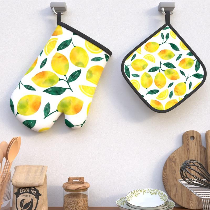 2pcs 10.6*6.7 Inch Oven Mitts And Pot Holders Featuring a Fun Lemon Design, Heat Resistant And Perfect for Grilling, Cooking, Baking, Broiling
