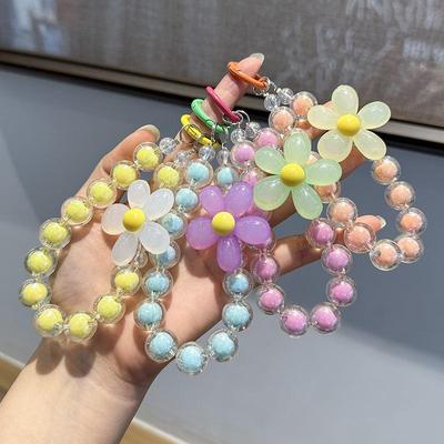 Macaron Pastel Beaded Acrylic Phone Chain with Jelly Petals - Japanese Korean Style Wrist Strap