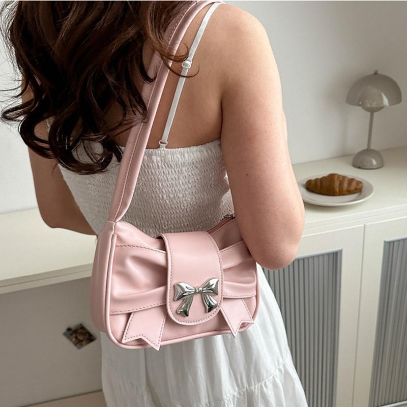 A Stylish And Versatile PU Leather Shoulder Bag for Women Cute Bow Decor Solid Color Underarm Bag Perfect for Both Casual And Chic Looks. AVE