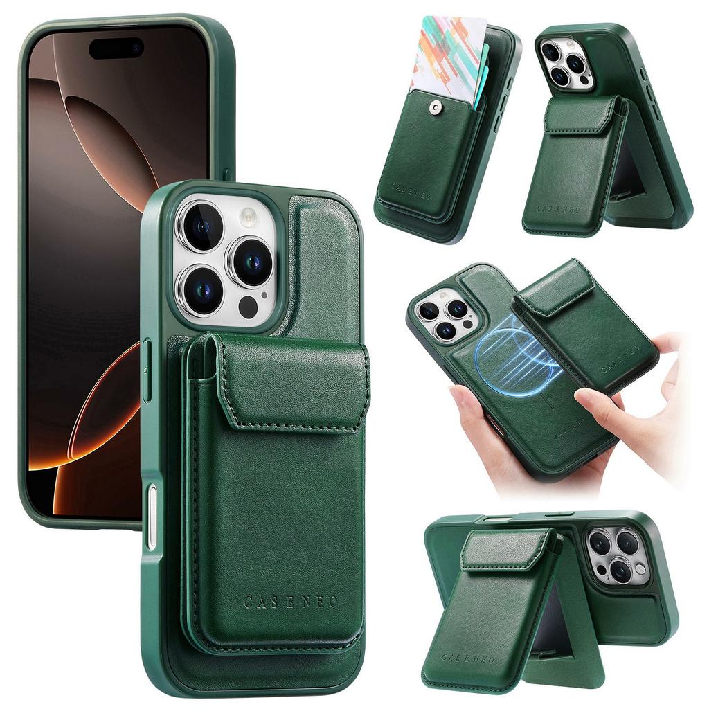 CASENEO For iPhone 16 Pro Magnetic Case PU Leather PC Phone Cover with Detachable Card Holder Kickstand Compatible with MagSafe