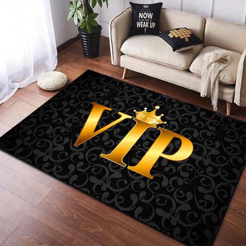 Luxurious 3D VIP Rug - Anti-Slip Polyester, Black & Gold VIP Crown, Ideal for Patio, Living Room, Bedroom