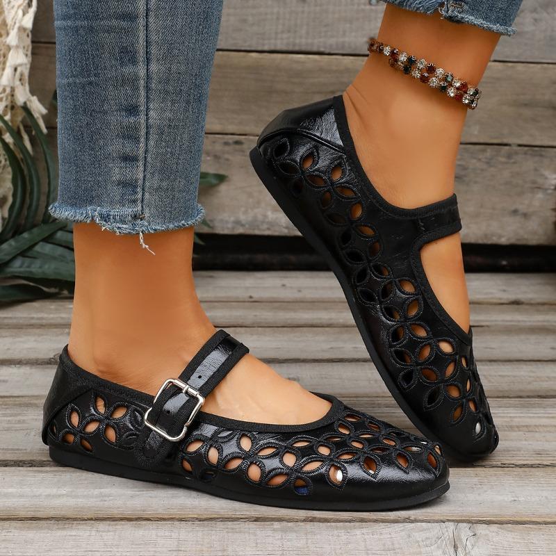 Women's Hollow Mary Jane Shoes Women's New Summer New One-Word Band Flat Dancing Shoes Retro Hole Sandals Women