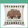 Elegant Cotton Linen Happy Campers Pillow Case Perfect For Any Living Space