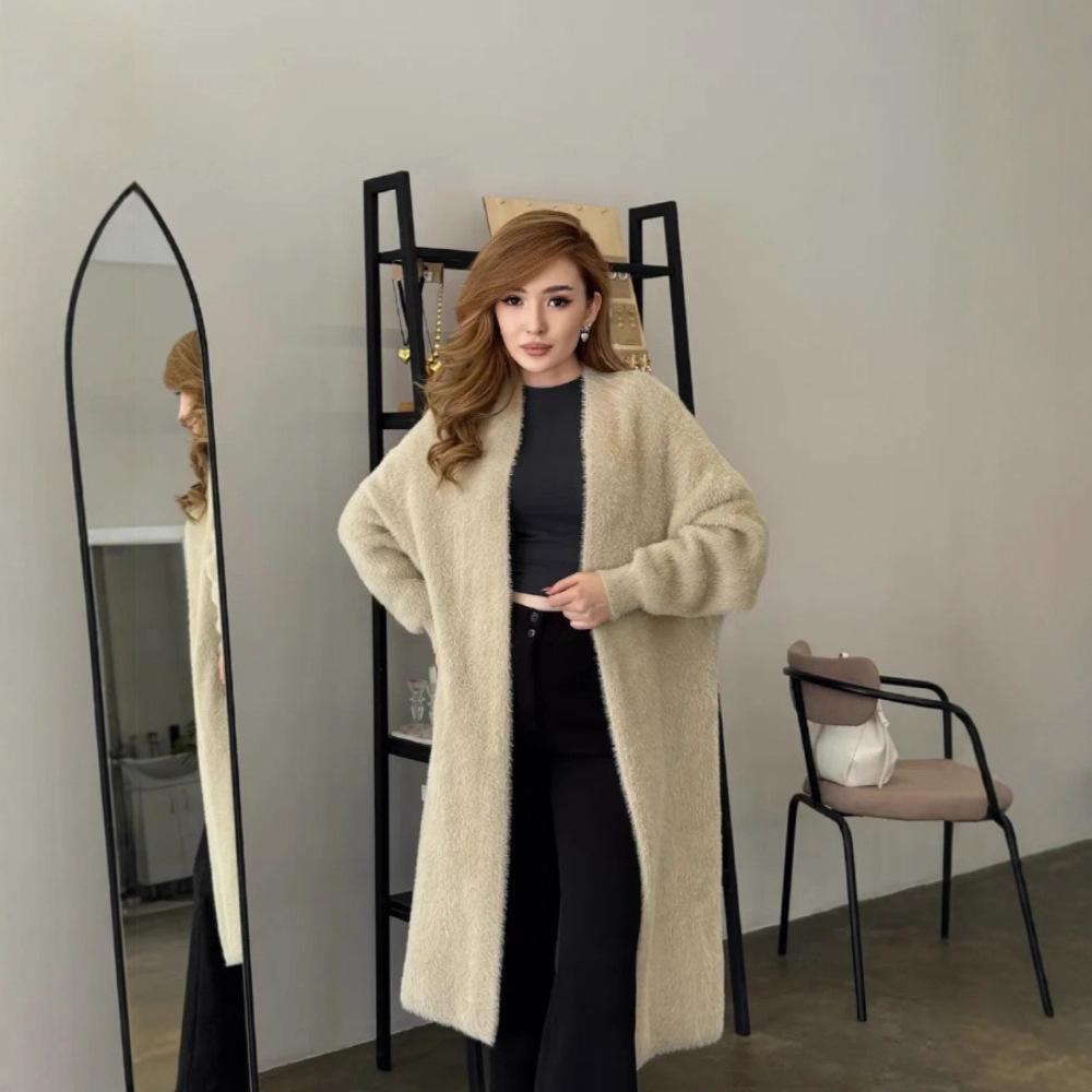 Soft Waxy Knitted Sweater Cardigan Women's Autumn and Winter New Casual Loose and Thin Lazy Style Imitation Mink Velvet Long Coat
