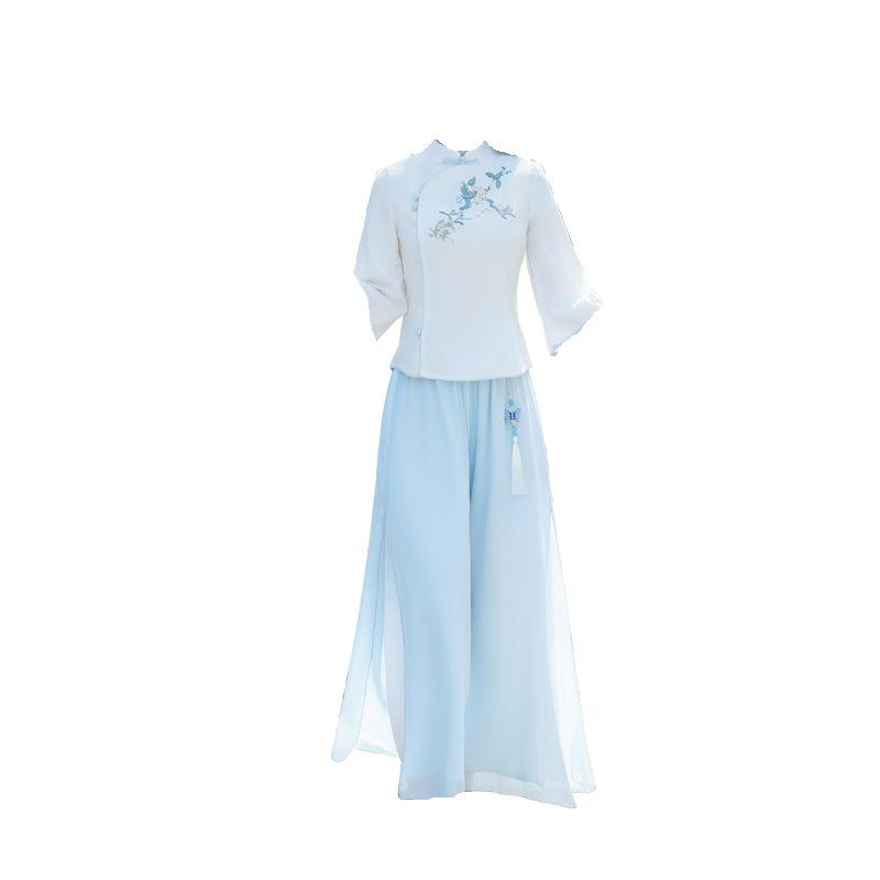 Chinese Retro Embroidered Cotton Linen Tang Suit & Wide-Leg Pants Two-Piece Set for Women