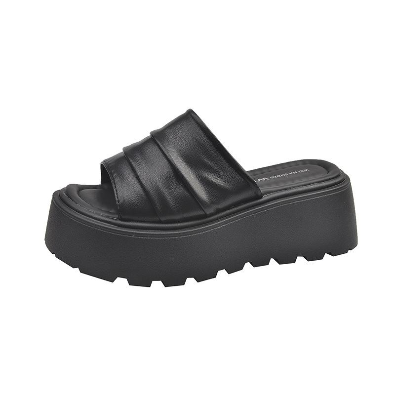 

Thick-soled heightened wrinkled leather one-word slippers women s summer wear 2025 new models with skirts, muffin soles, sandals 35