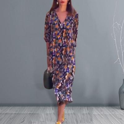 Women Fall Spring Dress V Neck Three Quarter Puff Sleeves Printed Loose Retro OL Commuting Dating Midi Dress
