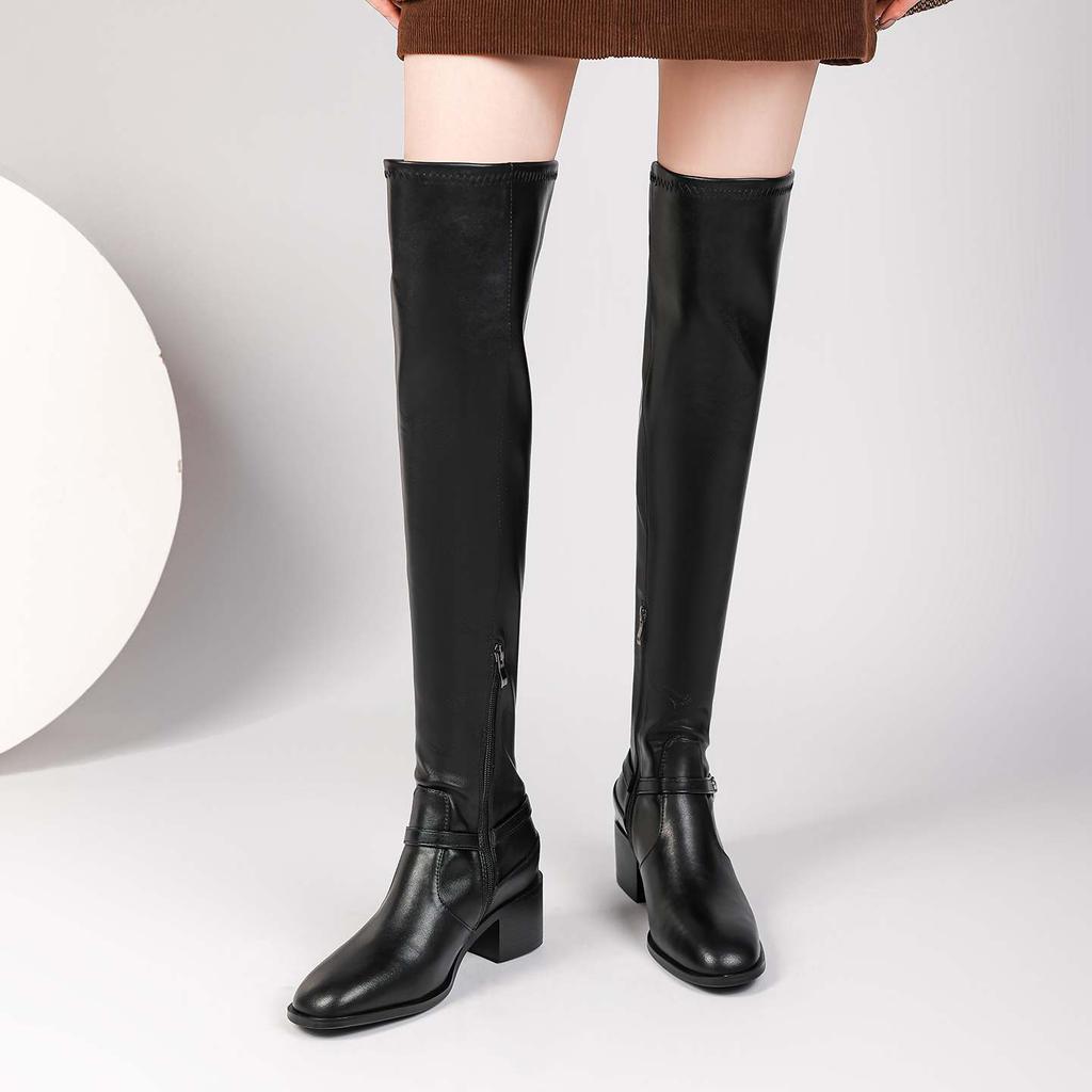 Krazing Pot Cow Split Skin Autumn Round Toe Winter Shoes Med Heels Equestrian Boots Big Size 45 Size 44 Size 46 Women Keep Warm Over-the-knee Boots