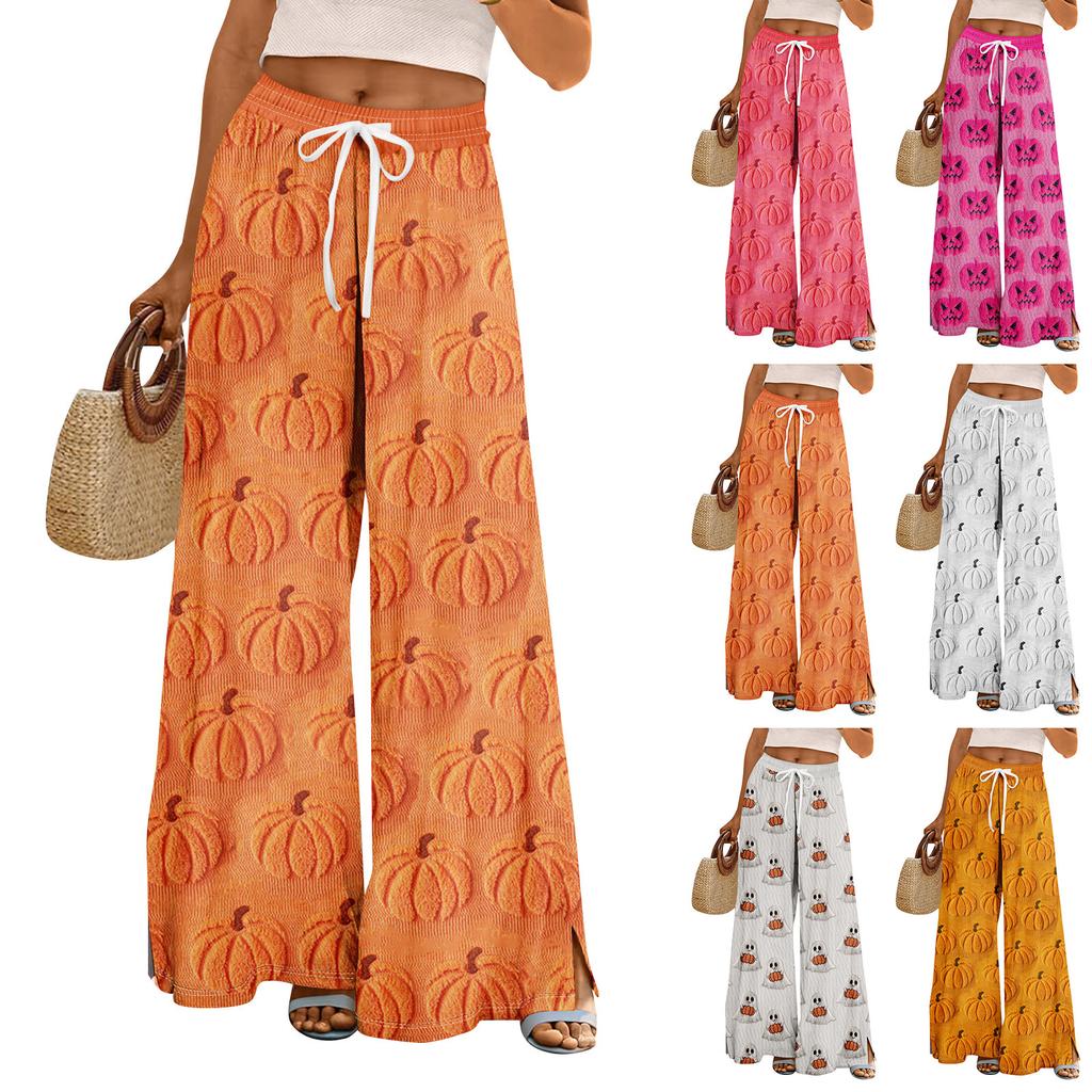 Women Summer Boho Palazzo Pants High Waist Wide Leg Halloween Printing Casual Trousers With Pockets