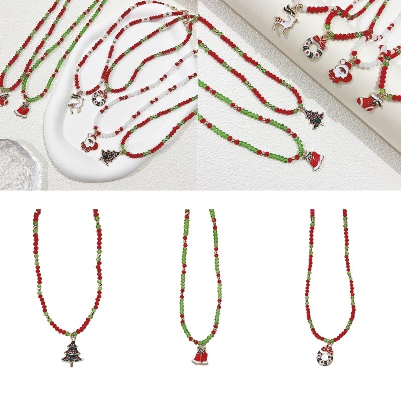 Fashion Cartoon Christmas Pendant Necklace Elegant Collar Necklace Choker Holiday Beaded Charm Neck Chain Party Jewelry