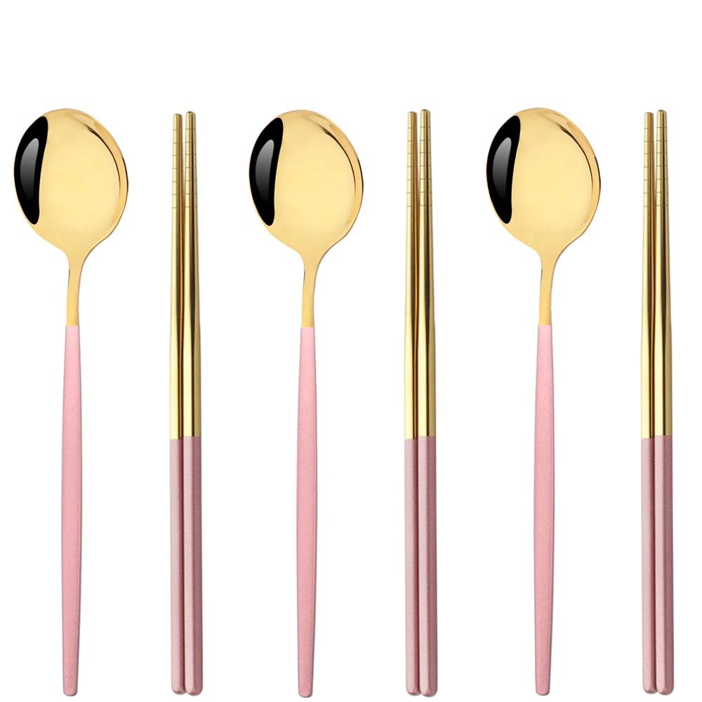 6Pcs High Quality Dinnerware Set Stainless Steel Flatware Set Mirror Kitchen Tableware Gold Dinner Spoon Chopsticks Cutlery Set