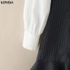 VONDA Womens Fake Two Piece Patchwork Long Sleeve Striped Casual Dress