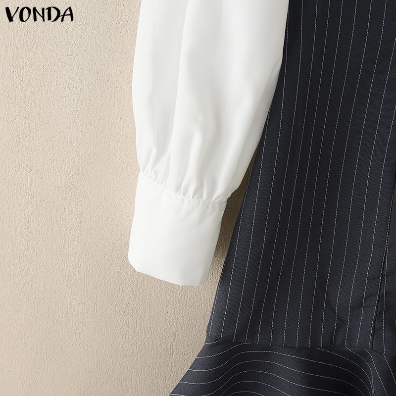 VONDA Womens Fake Two Piece Patchwork Long Sleeve Striped Casual Dress