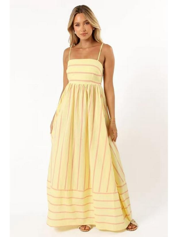 Spring/Summer 2024 Striped Off-Shoulder Wide-Hem Camisole Dress - Fresh Casual Vacation Style