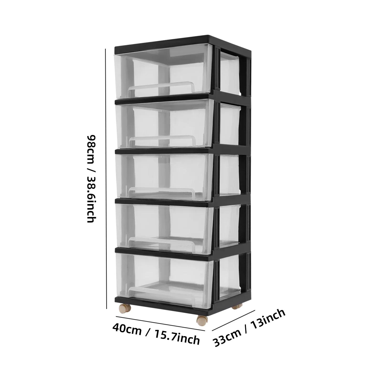 

Пластиковая тележка на колесиках, 5-ящичный шкаф для хранения с колесами, прозрачный органайзер для хранения в ящиках для дома и офиса чёрный