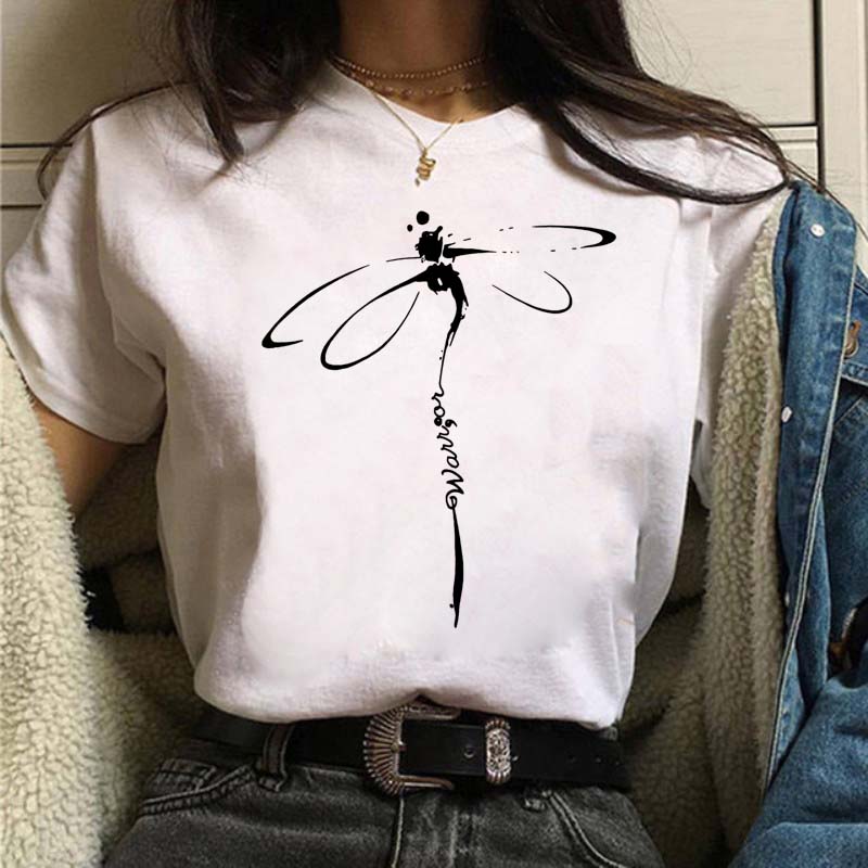 New Love Heart Dragonfly Print Women T-Shirt Fashion Casual Short Sleeves Ladies O-Collar T Shirts Streetwear Graphic Print Tops