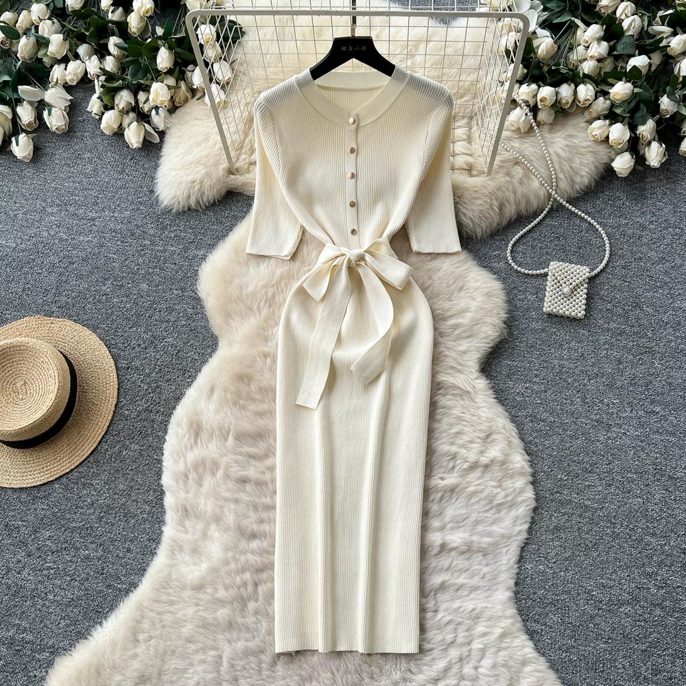 Solid O-neck Knitted Sweater Dress for Women Summer Autumn Short-Sleeve Single-Breasted Tie-Waist Slimming Elegant Bodycon Dress