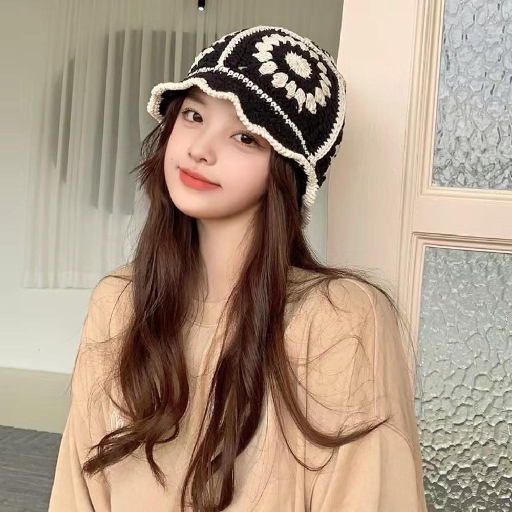 Fleece thread Flower Sun Hat Korean Style Bucket Hat Unique Knitted Fisherman Hat  Student