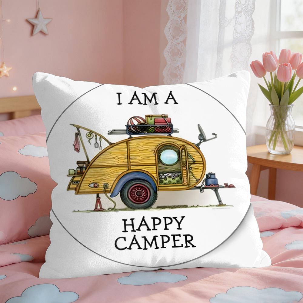 Happy Camping RV Camper Car Cushion Cover Square Short Plush Pillow Case Living Room Sofa Home Decor Funda X