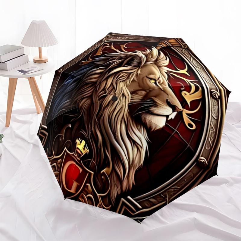 1pc Lion Emblem Automatic Open/Close Umbrella - Compact Travel Umbrella with 8-Rib Durable Frame, Lightweight & Portable for Commuting, Fashionable Ac