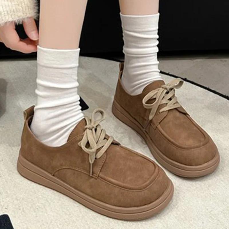 Autumn Women's Flats Shoes Soft Sole Lace-up Casual Shoes Retro Brown Loafers Spring Soft Microfiber Leather Platform Thin Shoes