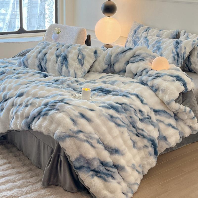Rabbit Fleece Four-Piece Light Luxury Thickened Milk Fleece Bed Warm Double-Sided Fleece Quilt Cover Mattress Model