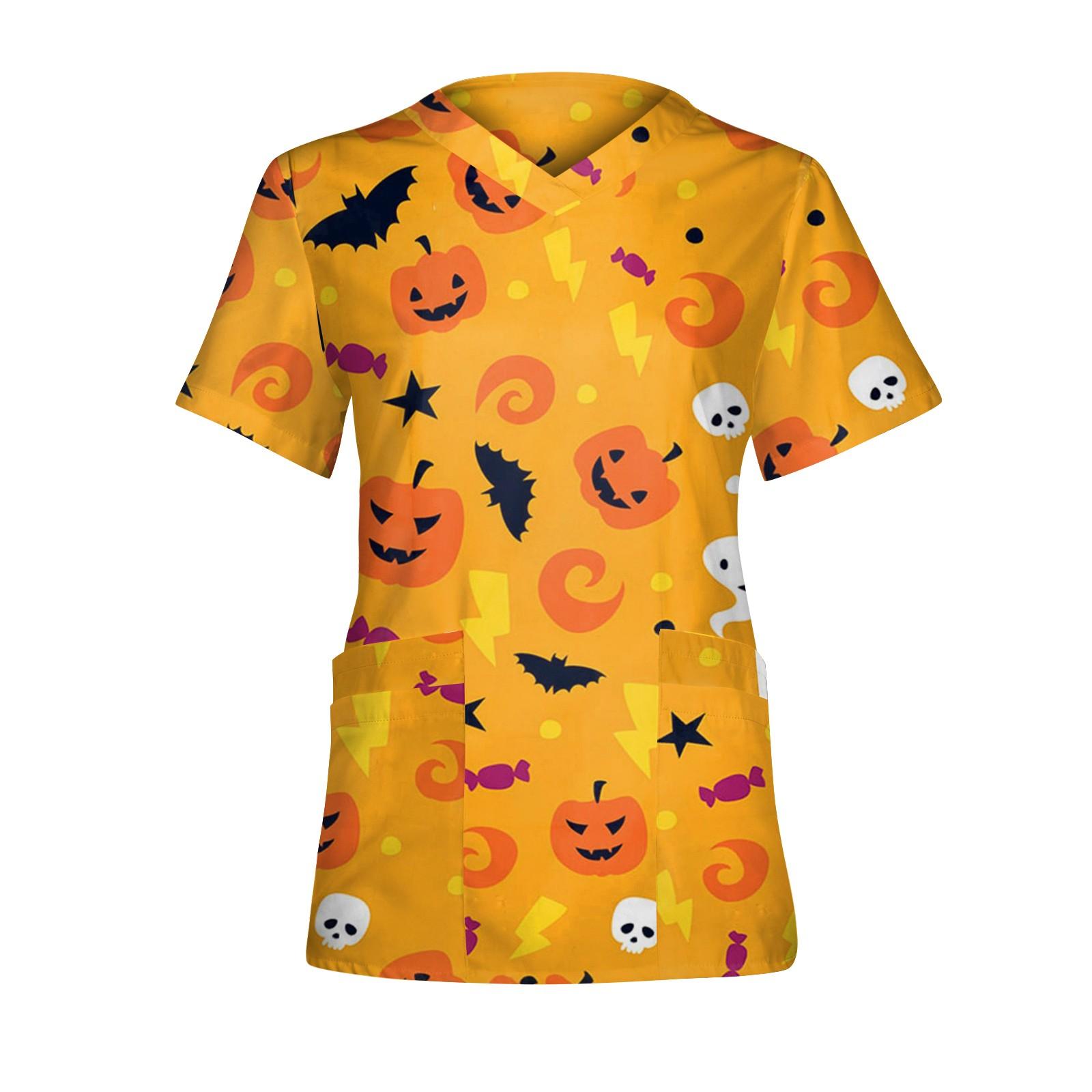 

Женские топы с коротким рукавом и v-образным вырезом с принтом на Хэллоуин, рабочая карманная блузка S жёлтый