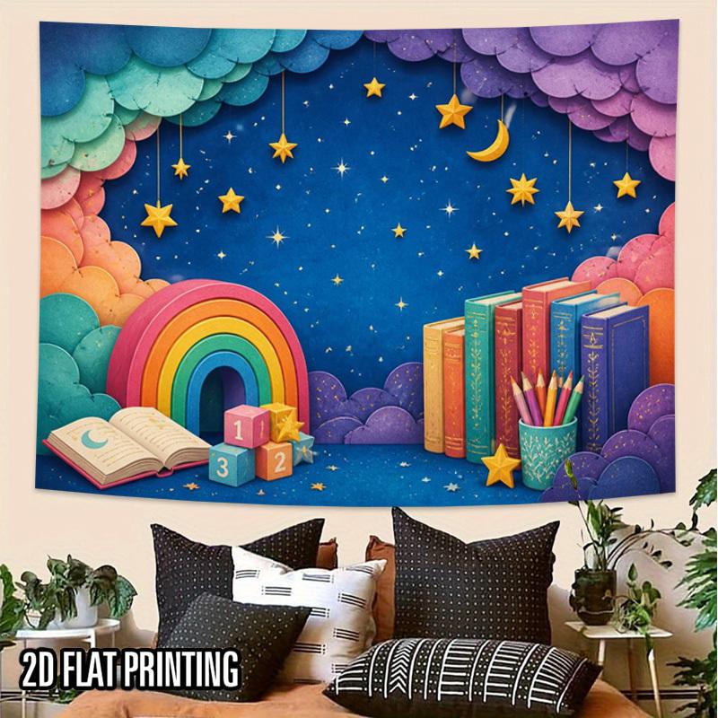 2D Flat, 2D Flat Print 1pc Tapestry Dreamy Rainbow Bookshelf Wall Hanging for Kids Study Room Ideal Interior Decor for Bedrooms, Living Rooms and All