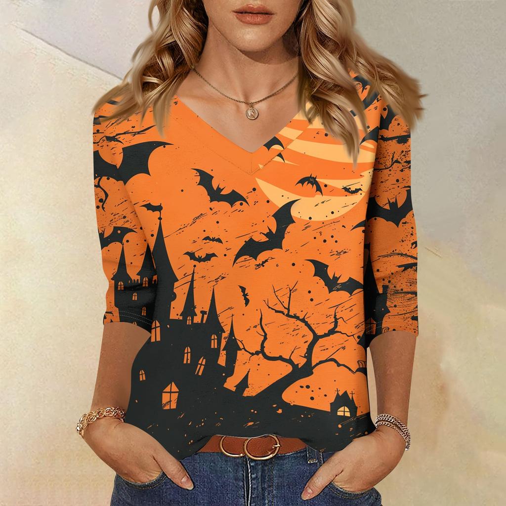 Women Casual Halloween Print V Neck Top Three Quarter Sleeve Lightweight Loose Fit Pullover Shirt for Fall Seasonal Wear