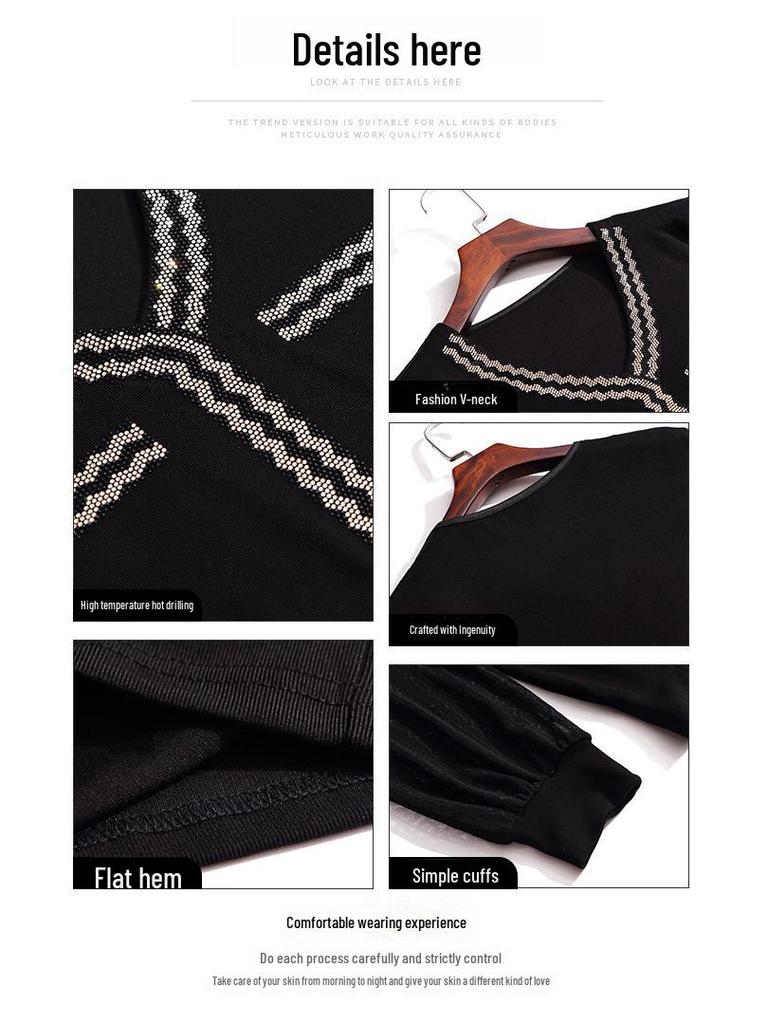 Women's Black Chiffon Spliced Knitted V-Neck Pullover: Loose-Fitting, Long-Sleeved Spring Commuter Top.