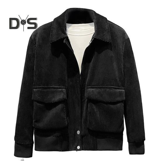 Men Corduroy Jacket Lapel Long Sleeve Flap Pockets Full Zipper Closure Solid Color Jacket Casual Outerwear