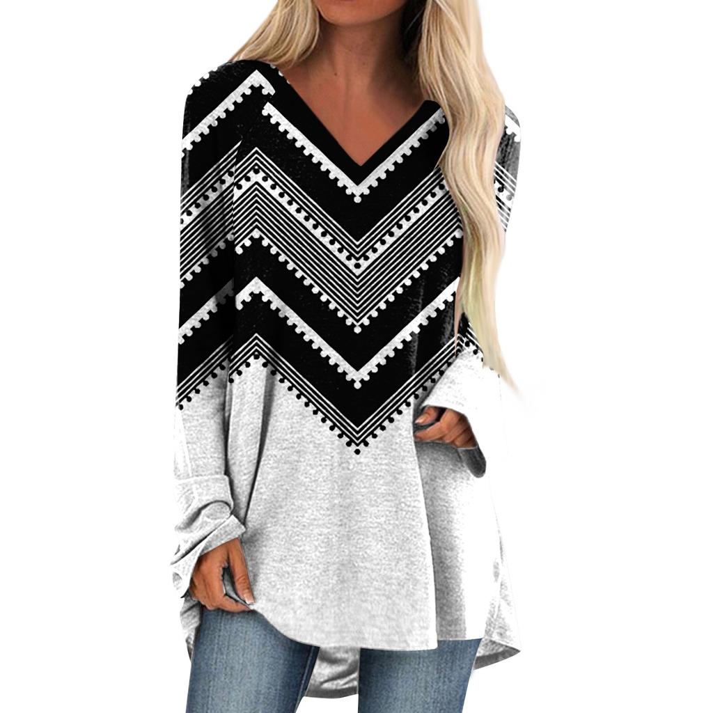 Women's Long Sleeved V-neck Color Casual Long Loose T-shirt Top