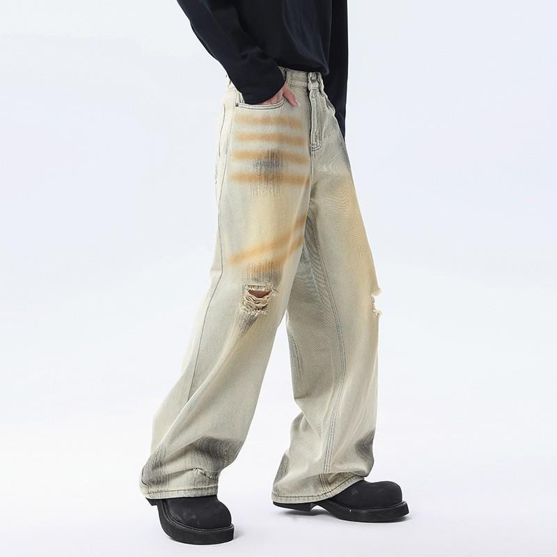 High-Waist Loose Fit Distressed Jeans Men Casual Wide-Leg Denim Pants Vintage Style Plus Size Fall