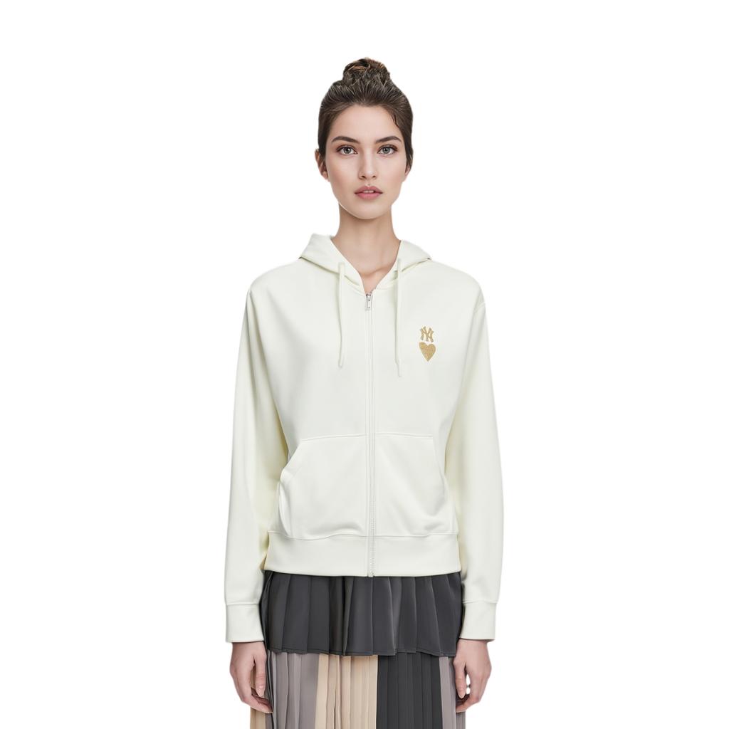 MLB SS24 New York Yankees Embroidered Logo Hooded Long Sleeve Zip-Up Sweatshirt Unisex sweatshirt Cream 3ATRH0141-50CRS