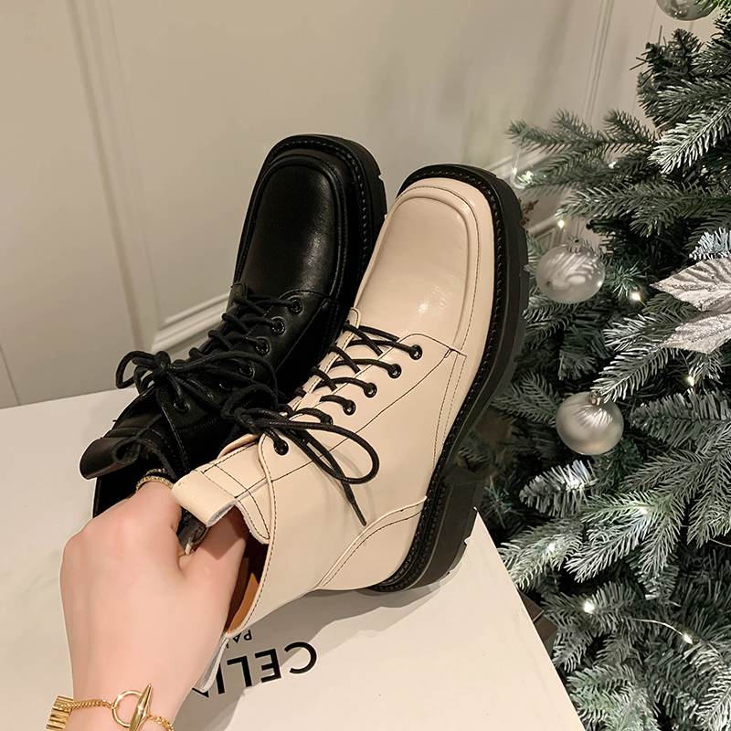 Krazing Pot Cow Leather Winter Shoes Thick Med Heels Handsome Lace Up British School Platform Women Ankle Boots