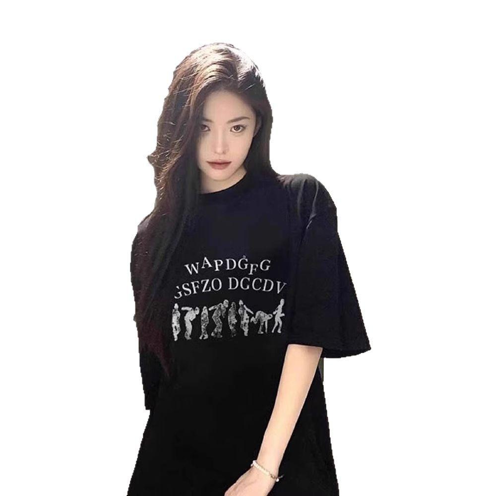 Pure Cotton Hong Kong Flavor Retro Ins Trendy Brand Black Short-sleeved T-shirt Women's Summer New Couple Style Letter Printed Clothes