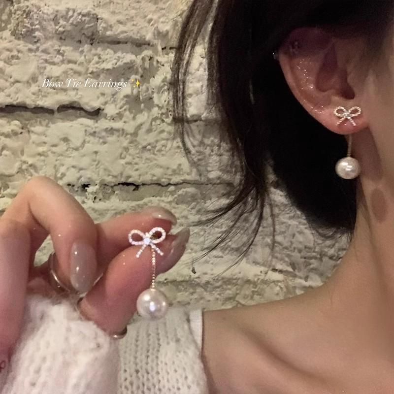 Rear Hanging Sparkling Zirconium Bow Pearl Earrings Femininity Fringed Stud Earrings Earrings