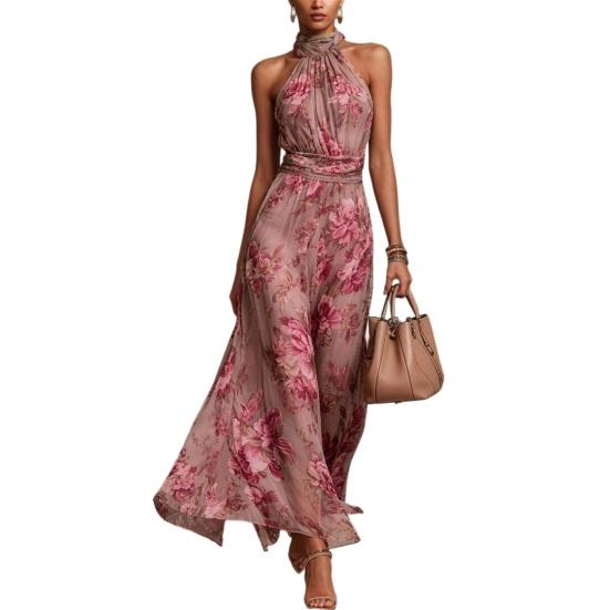 Yangyizhi Floral Chiffon Dress for Women, Halter Sleeveless Ruched Maxi Dress, Turtle Neck Wedding Guest Cocktail Evening