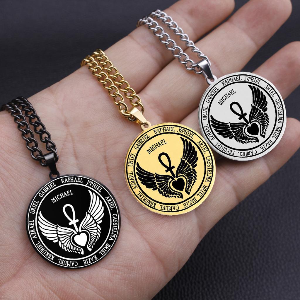 Archangel Day 12 Guardian Angel Medal Wings Ankh Life Power Magic Talisman Pendant Necklace