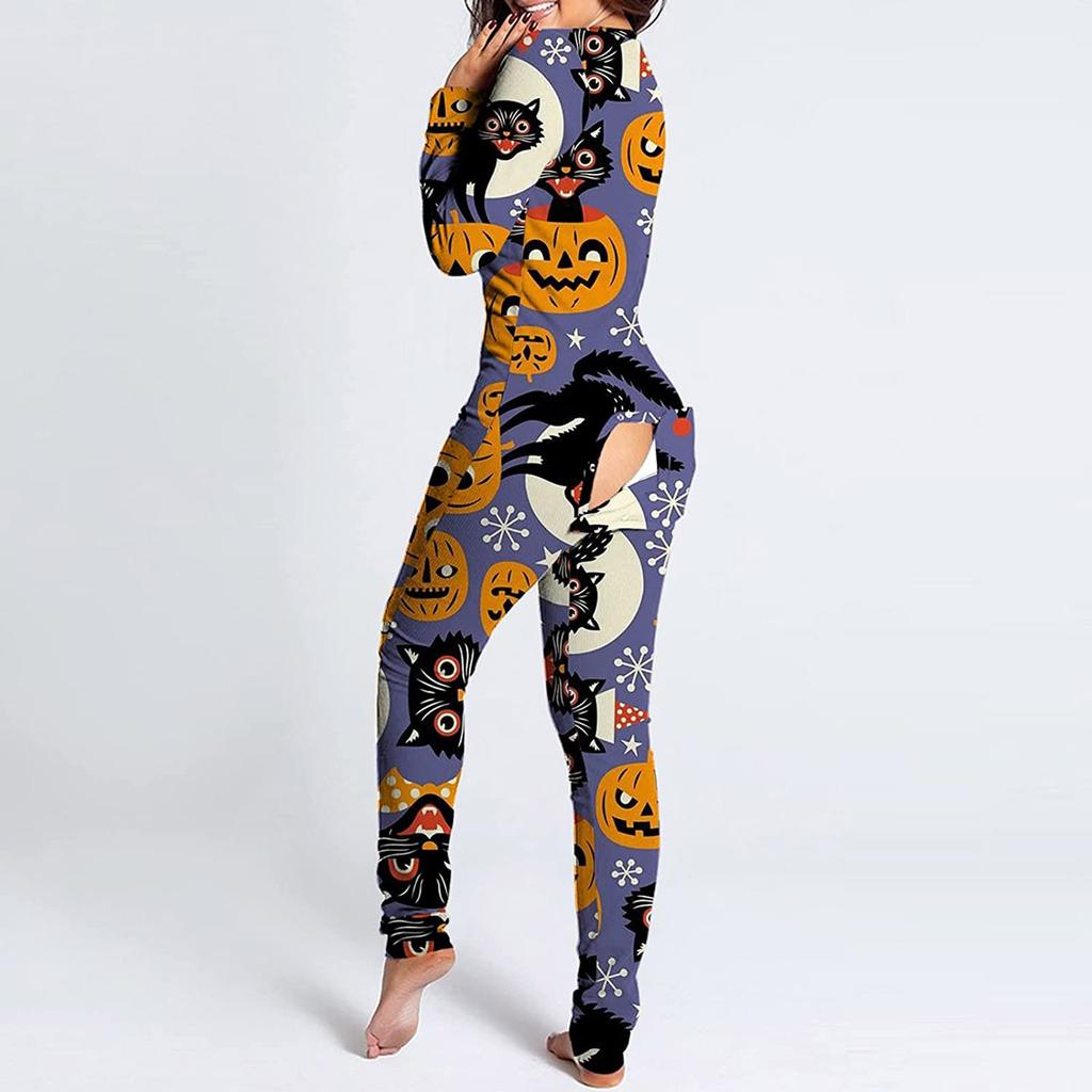Women's Button-Down Halloween Print Functional Buttoned Flap Adults Jumpsuit