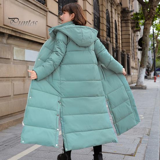 Women Cotton Coat Hooded Long Sleeve Pockets Side Slit Hem Down Jacket Solid Color Pockets Thickened Casual Outwear