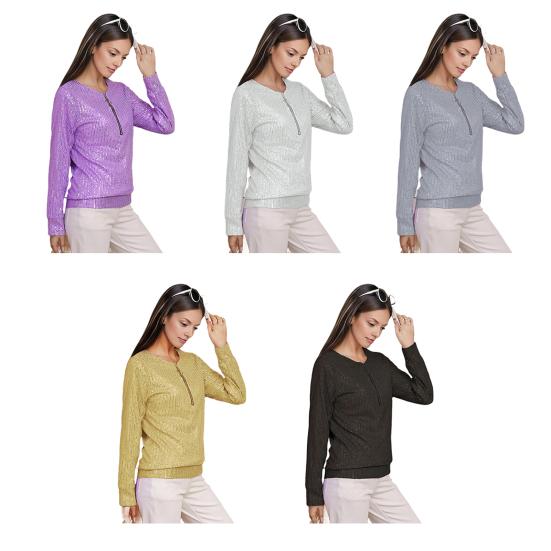 Women Tops Round Neck Zipper Half Placket Long Sleeve Pullover Tops Solid Color Shiny Sequins Loose Fit Blouse