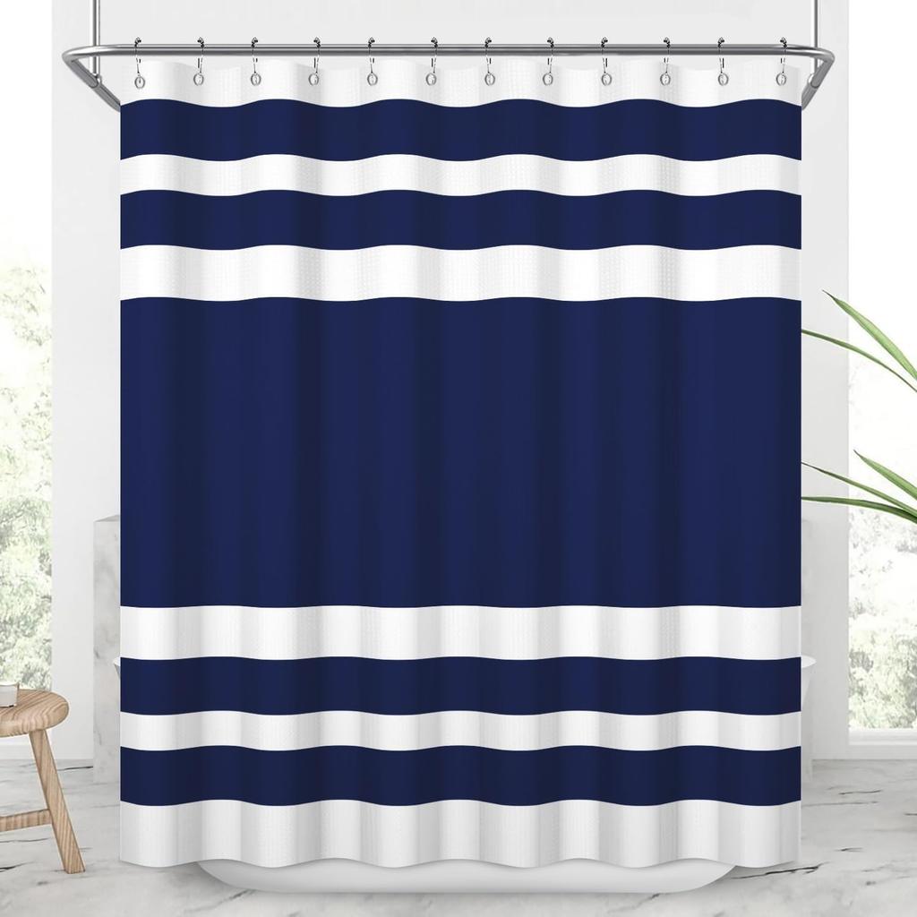 White Navy Blue Shower Curtain for Bathroom 72x72inches Boho Navy Blue and White Striped Waffle Shower Curtain Set with Hooks Bohemia Geometric